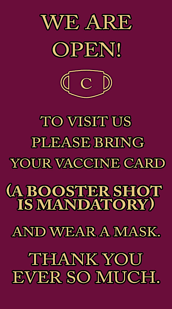 We are open! To visit please bring vaccine card