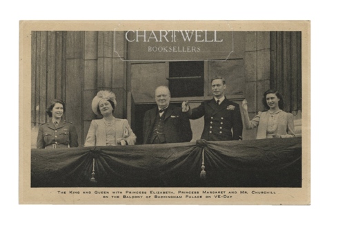 Product image: WORLD WAR II VINTAGE POSTCARD of Winston Churchill and the Royal Family on V.E. Day