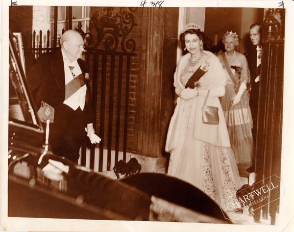 Product image: POSTWAR Original PRESS PHOTOGRAPH of Winston Churchill and Clementine Churchill with Queen Elizabeth
