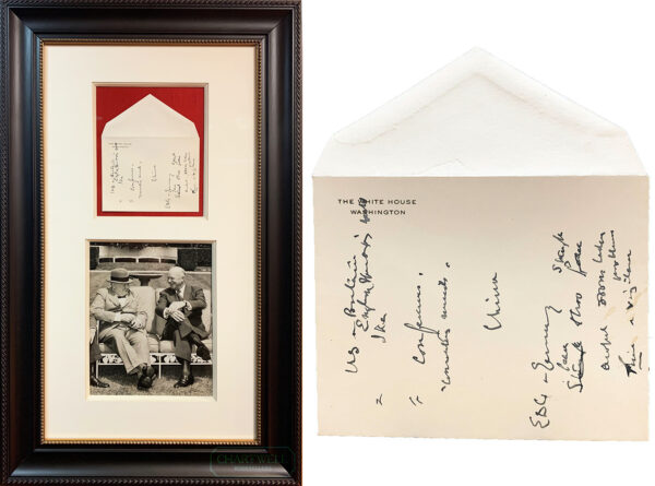 Product image: Framed “WHITE HOUSE” ENVELOPE  WITH WINSTON CHURCHILL’S HANDWRITTEN NOTES