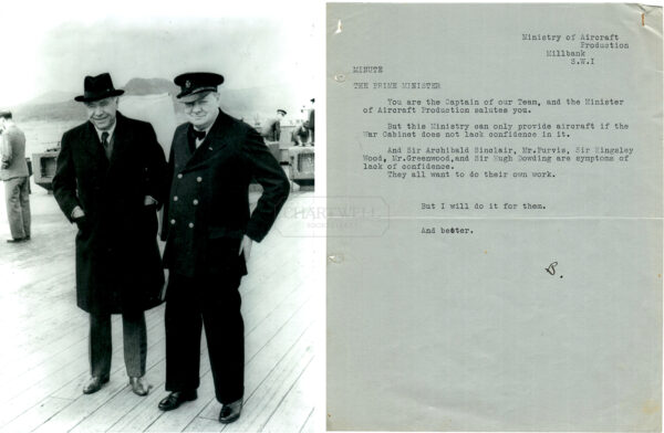 Product image: FRAMED ORIGINAL WW II TYPED "MINUTE" TO THE P.M. INITIAL-SIGNED "B" BY LORD BEAVERBROOK